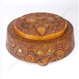 A Jane Brenkley Maori decorated circular lidded box, the lid…