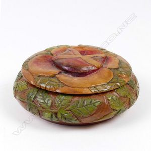 A Jane Brenkley turned and carved small box, circular, relief…