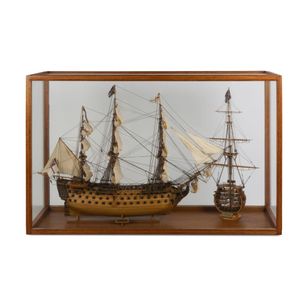HMS Victory model tall ship in glass cabinet with additional…
