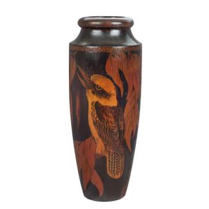 Australian pokerwork vase with kookaburra and gum leaves, circa…