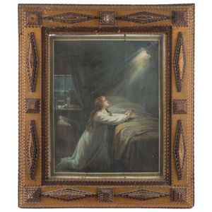 Australian tramp art picture frame with colour lithograph,…