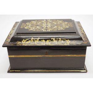 Victorian papier mache sewing box gilt decoration, with silk…