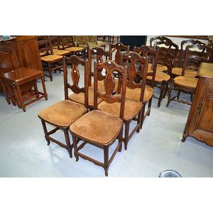 Six French Louis XV style oak and walnut country chairs (6)