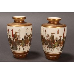 Pair of Satsuma petit vases, each with a tapering body, with…