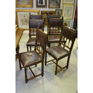 Set of six antique French Henri II walnut embossed leather&hellip;