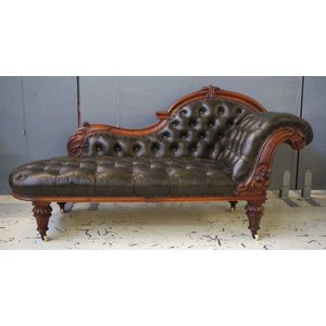 Victorian leather upholstered chaise longue with scroll carving&hellip;