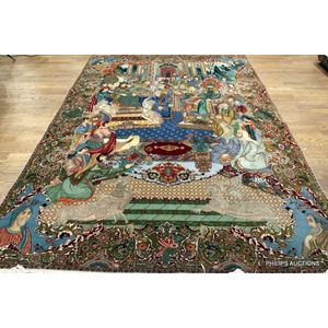 Hunting Scene Silk Rug, Small Silk Carpet, Hanging Wall Rug, Royal