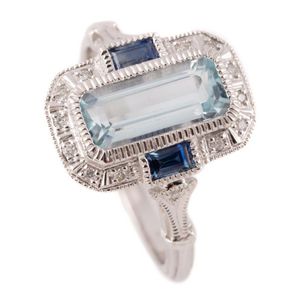 An Art Deco style aquamarine sapphire and diamond ring,…