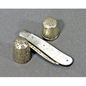 Two old sterling silver Thimbles and a silver pocket knife with…