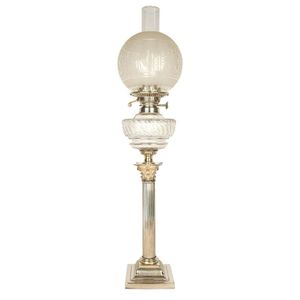 A Victorian banqueting lamp, the silver plate Corinthian column…