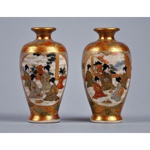 Fine pair Japanese miniature Satsuma gilded figured panel vases ...