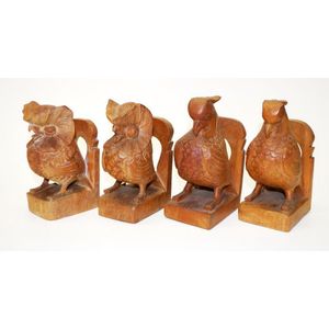 Four vintage carved wood bird form bookends including pair owl…