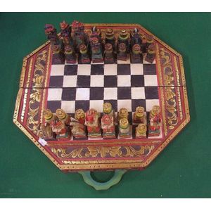 Vintage oriental chess set with backgammon board inside, carved…