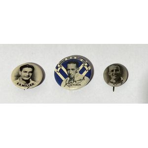 Don Bradman pin Badge, + two others 'Lindsay Hassett Victoria…