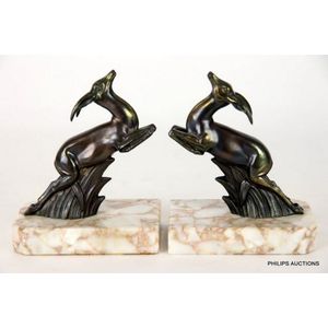 A pair of Art Deco leaping spelter gazelle bookends, circa 1930,…