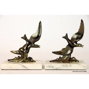 A pair of Art Deco spelter seagull bookends, circa 1930, marked…