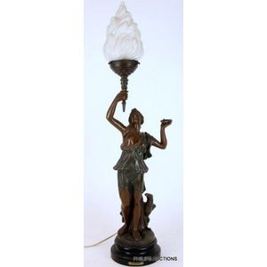 A French spelter figure of Bacchante mounted as a table lamp,…