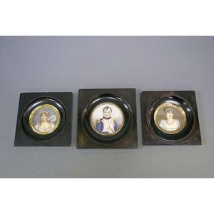 Three antique French portrait miniatures painted on ivory,…