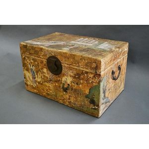 Chinese Mottled Gold & Black Chinoiserie Chest or Trunk on Stand