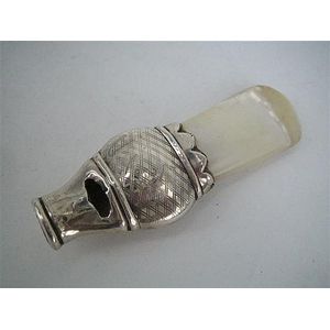 An Edwardian silver chambermaid whistle with mother of pearl…