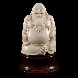 Japanese Ivory Carving of Hotei on Wooden Base - Ivory - Oriental