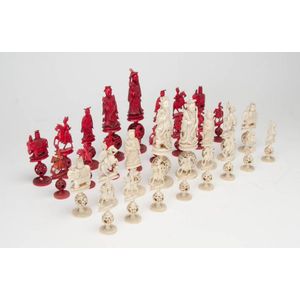 Stained and White Ivory Puzzle-Ball Chess Set China Early 20th Century CE