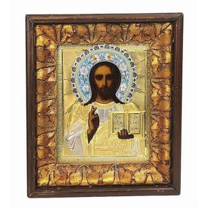 Silver 84 standard Russian icon of Christ Pantocrator in timber…