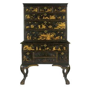 WILLIAM AND MARY BLACK JAPANNED CHEST ON STAND