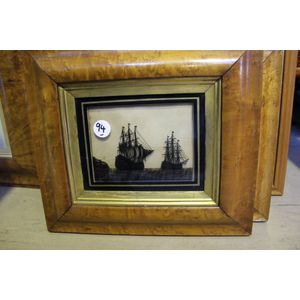 Three etched maritime scene pictures on glass in moulded maple…