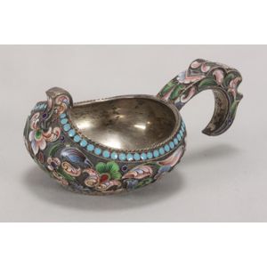 Good Russian silver and enamel Kovsh, with a squat bowl, scroll…
