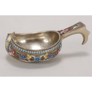 Fine Russian silver and enamel Kovsh, with squat baluster bowl,…