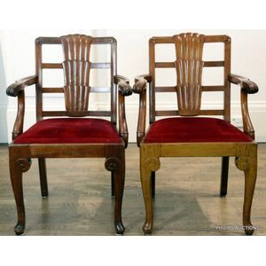 Pair of high back dining chairs with maroon fleur de lys upholstery