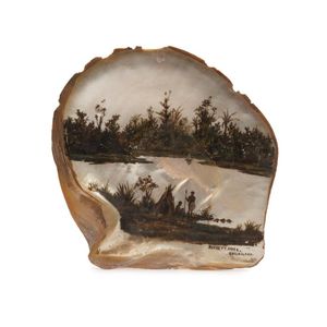 A folk art painted pearl shell with Queensland Aboriginal scene,…