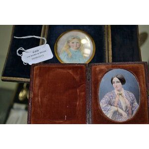 Two oval portrait miniatures, one vintage showing a young girl,…