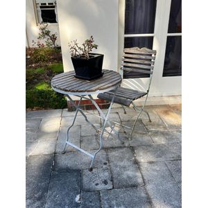 A modern slatted wood garden table and chair 60 cm diameter, 76…