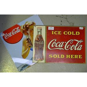 Two Coca Cola advertising signs. 25 cm x 35 cm & 30 cm x 30 cm