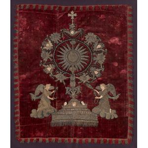 A silver and gold bullion thread velvet mounted religious panel,…