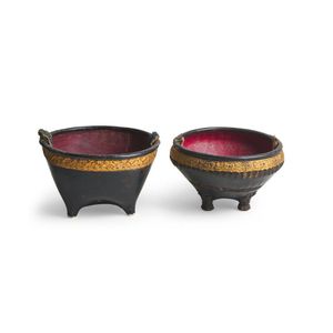 Two rare Lao ceremonial lacquer betel nut or rice baskets,…