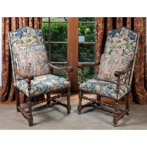 Antique pair of upholstered Louis XIV-style salon chairs, walnut