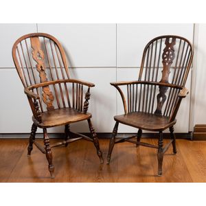 A yew wood wheel back Windsor chair and a stretcher-based hoop&hellip;