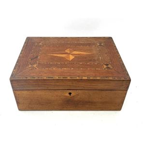 A timber marquetry inlay jewellery casket, with two levels,…