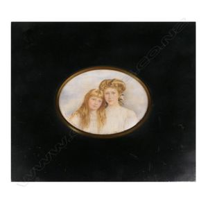 An early 20th century miniature portrait of mother and daughter,…