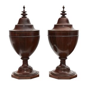 Georgian Mahogany Cutlery Urns with Inlay and Turned Finial