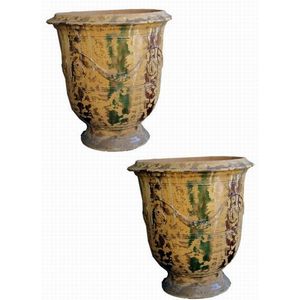 A pair of 19th century multi colour jardinieres, each a flared…