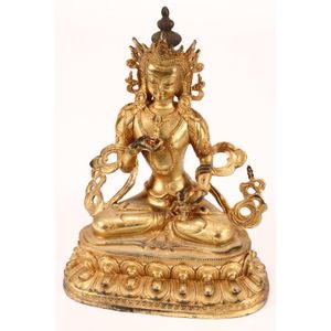 Sino-Tibetan gilt bronze Tara, depicted seated with headdress&hellip;