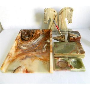 An agate desk set, including horse book ends, ultra stone desk…