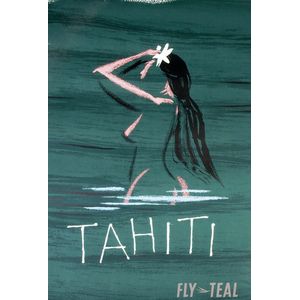 c1963 'Tahiti, Fly Teal' screen printed poster showing a nude…