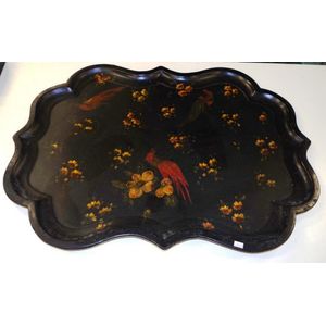 Victorian paper mache tray with floral and bird decoration,…