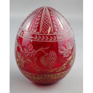 Faberge ruby red glass egg, with gilt grape vine decoration, 7…