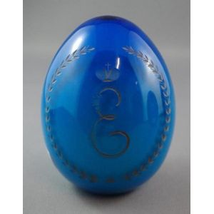 Faberge sky blue glass egg, with gilt decoration of Imperial…